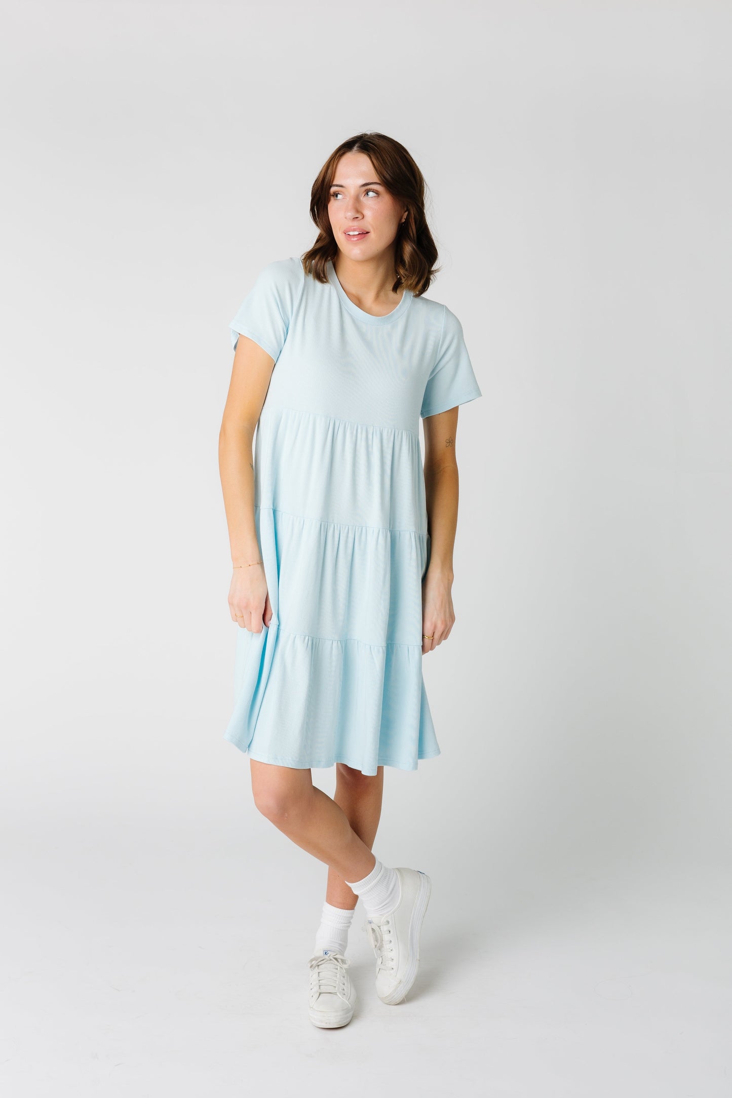 Brass & Roe Summer Ribbed Tiered Dress - Spring 2024 WOMEN'S DRESS Called to Surf Lt Blue XS 