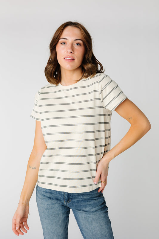 Asher Tee - Ivo/Grey WOMEN'S T-SHIRT Thread & Supply Ivory Grey Stripe S 