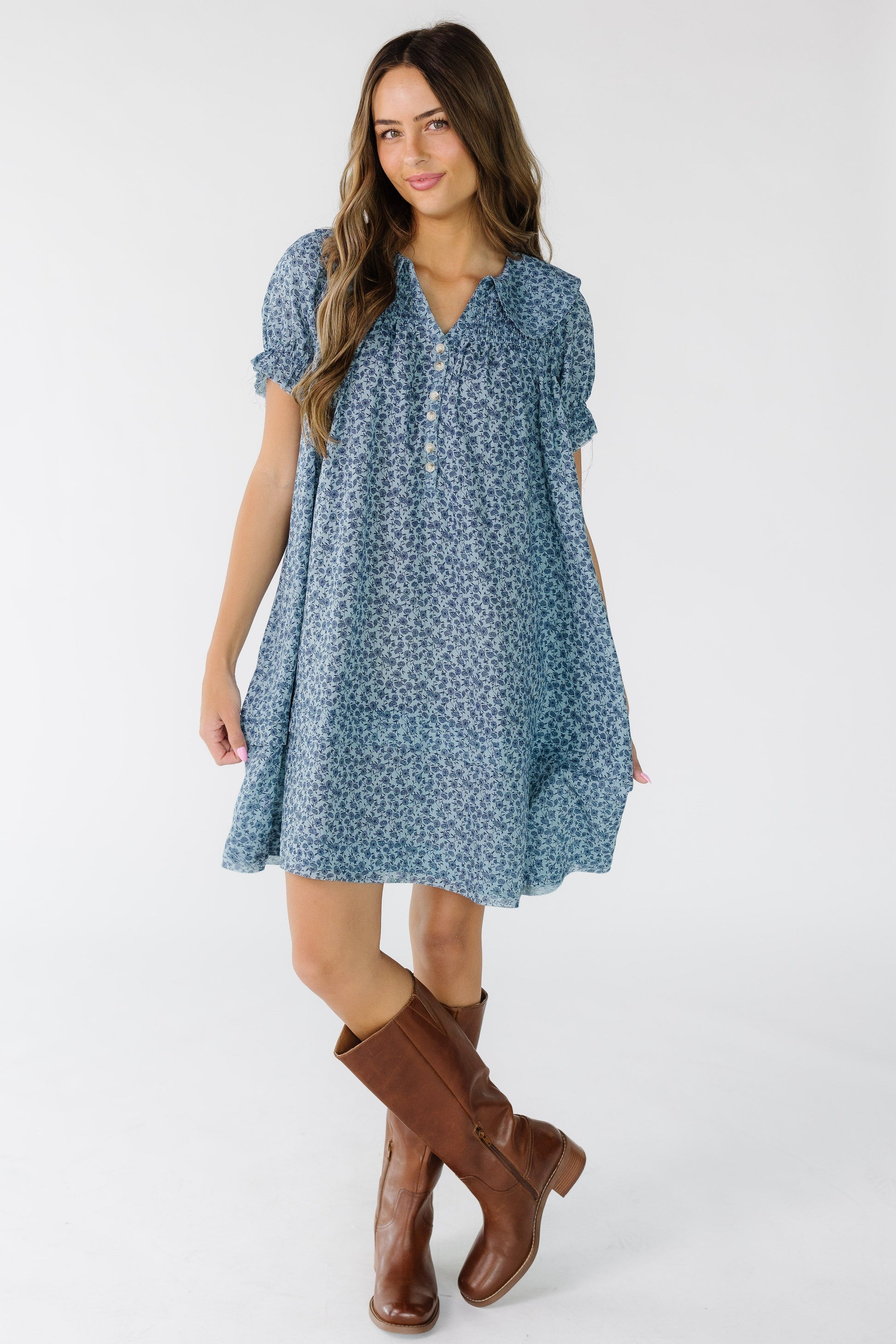Brass & Roe Collared Knee Dress in blue floral print for women and teens.