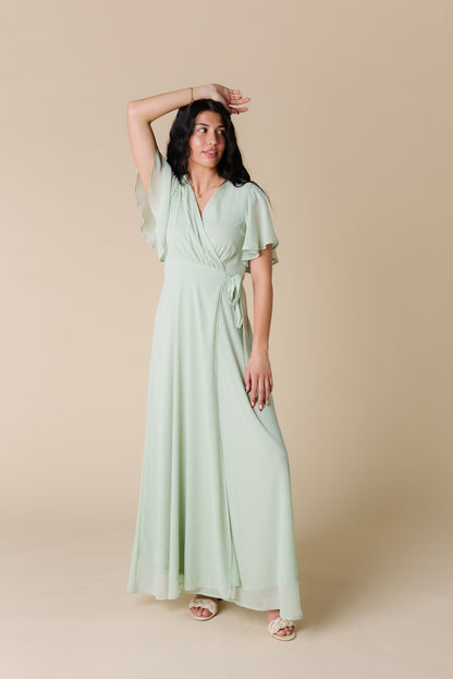 Modest light sage bridesmaid maxi dress 