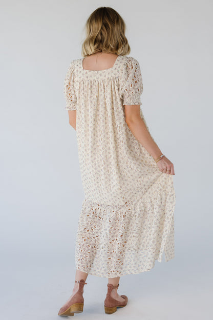 Full back view of floral eyelet midi