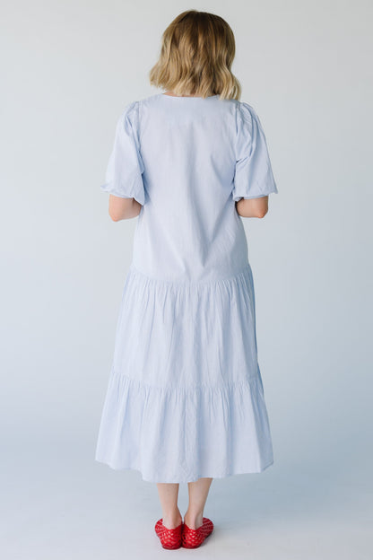 Full back length of blue stripe midi
