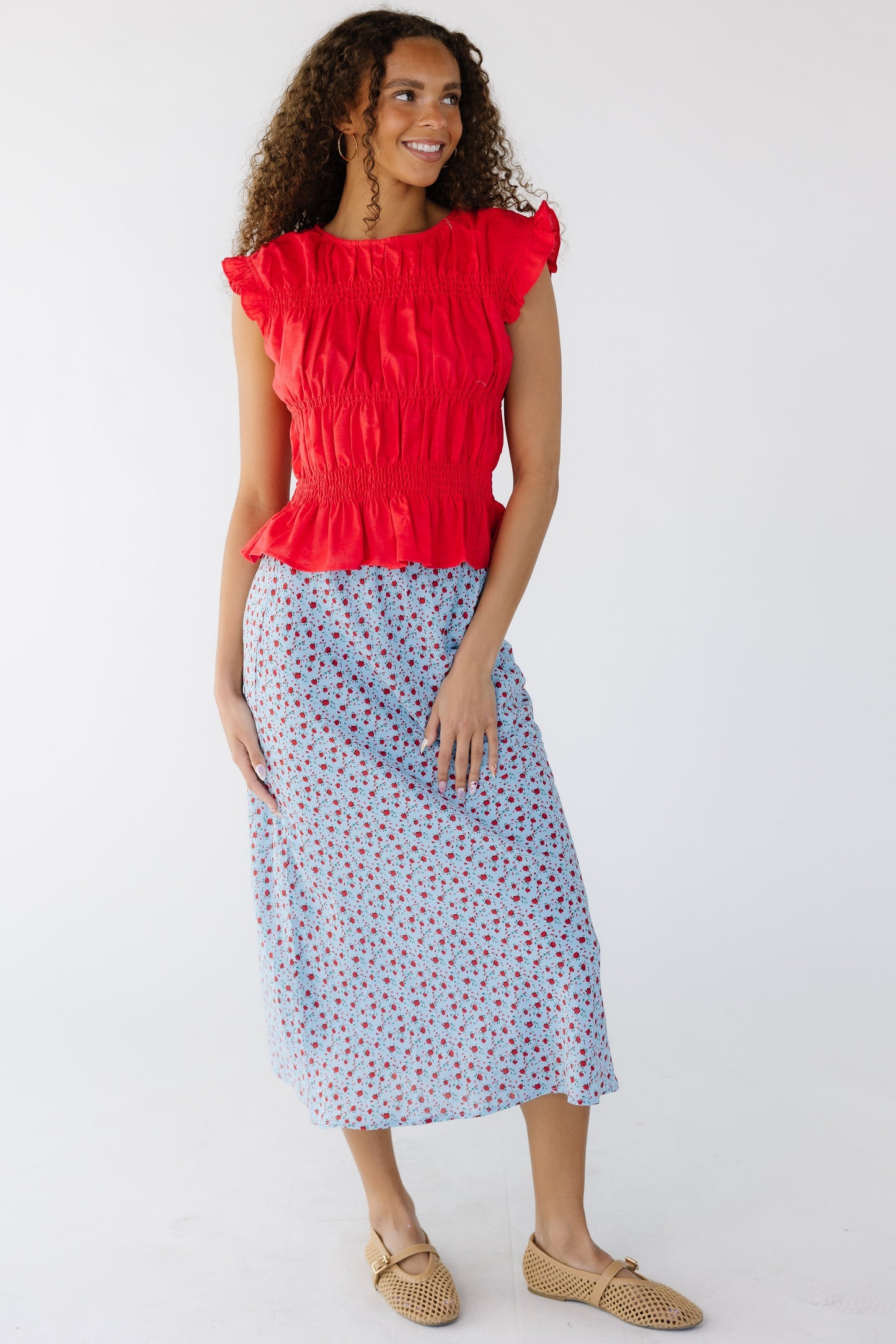 Brass & Roe Ellie Skirt in  light blue with red floral print for  women and teen girls.
