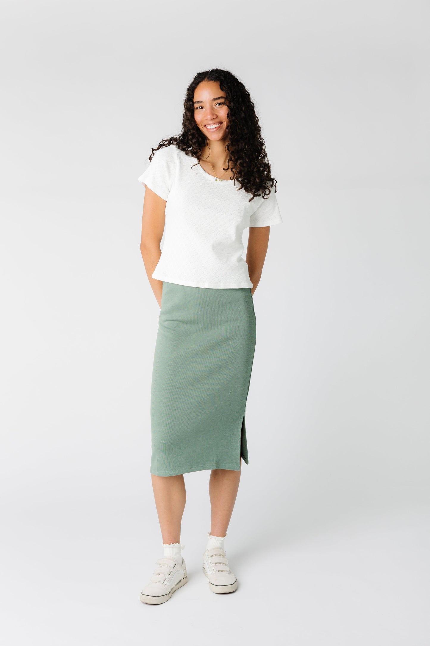 Modest knit pencil skirt in dusty sage