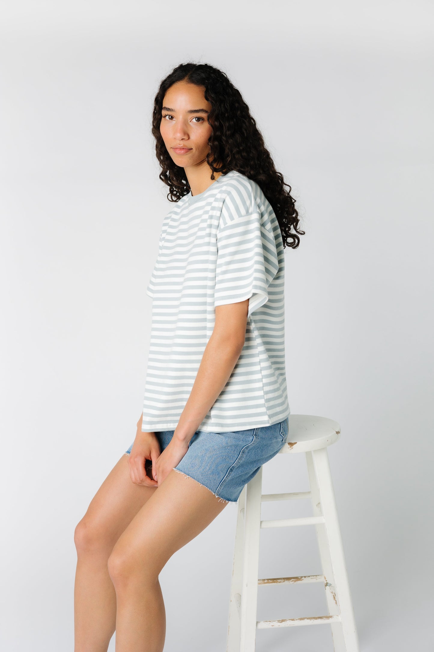 Wide stripe modest tee in light blue and white 