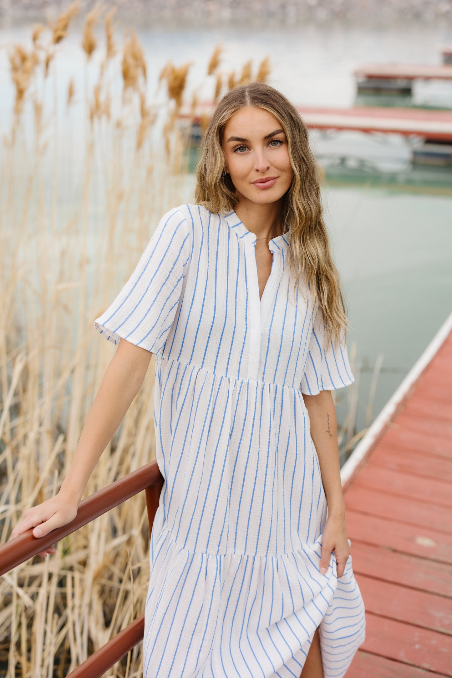 Brass & Roe Pondering Gauze Dress - Summer WOMEN'S DRESS brass & roe White/Blue Stripe XS 