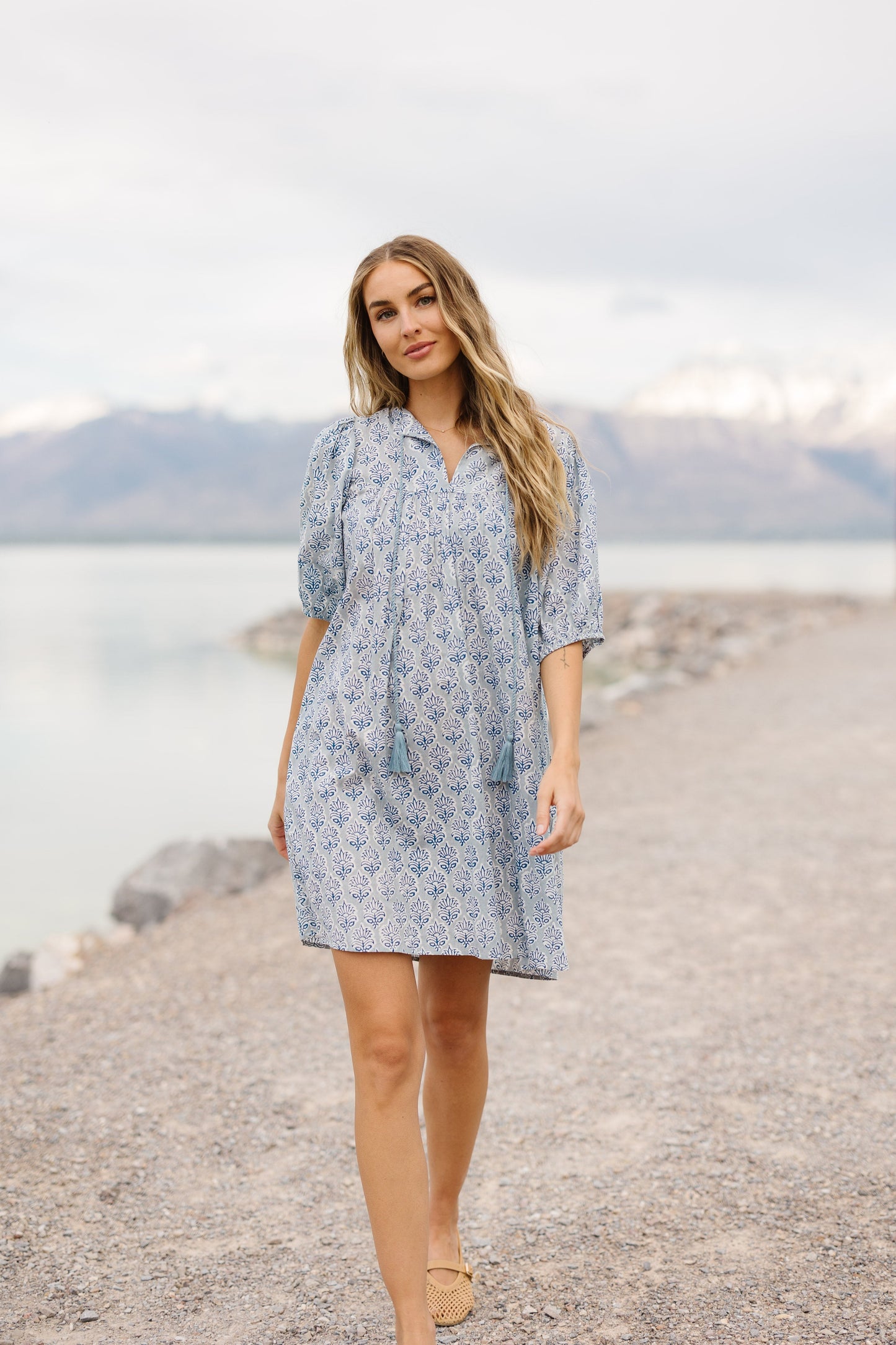 Citrus Simple Times Knee Dress in blue print