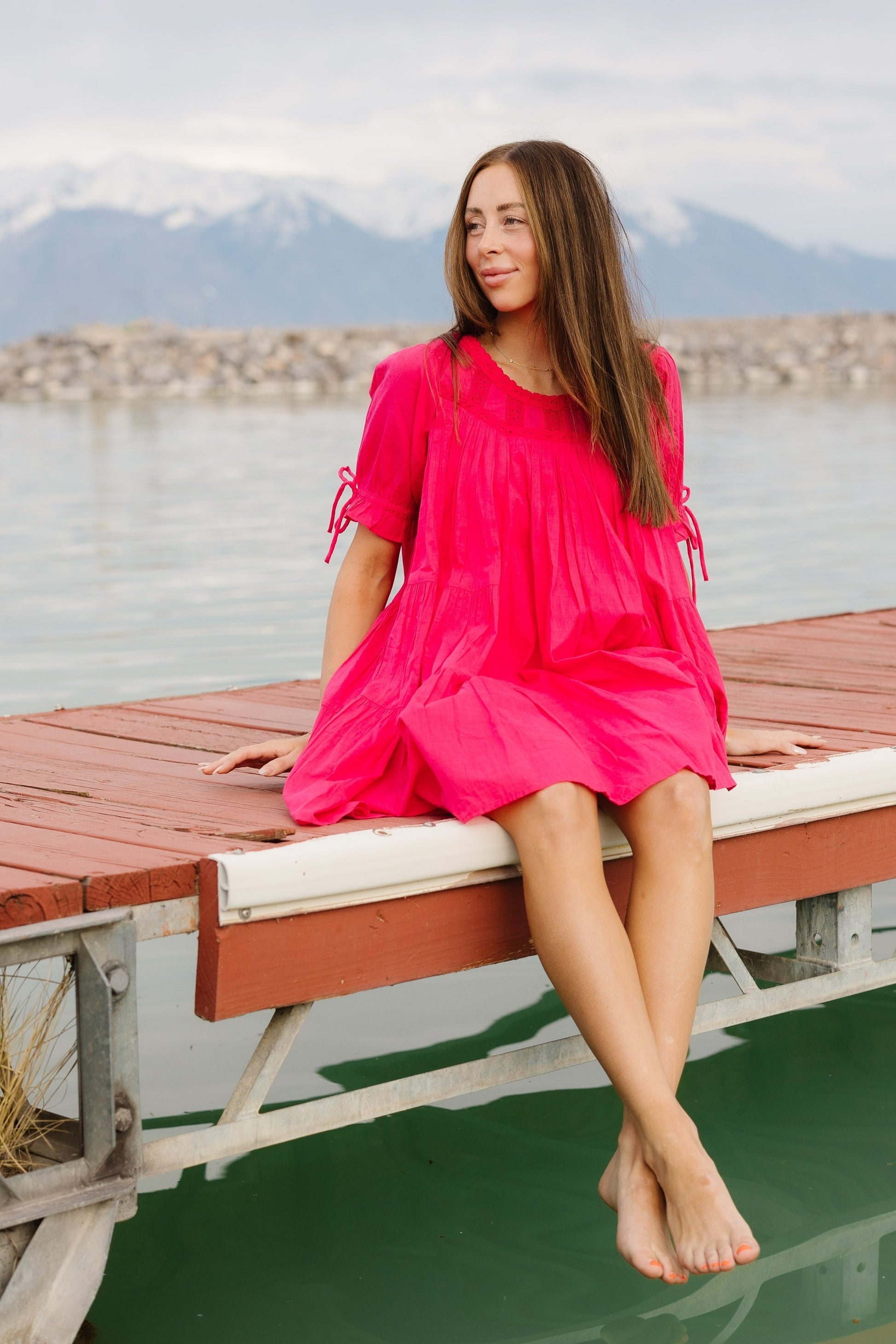Take Me Out Knee Dress in pink with short sleeves