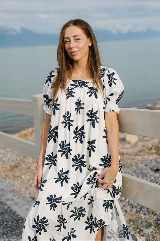 Brass & Roe Forever Midi Dress in white and black floral print