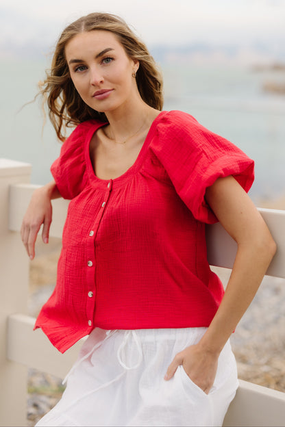 Brass & Roe Gauze Button-Down Top - Summer WOMEN'S TOP brass & roe Red XS 