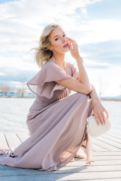 Modest taupe maxi length bridesmaid dress