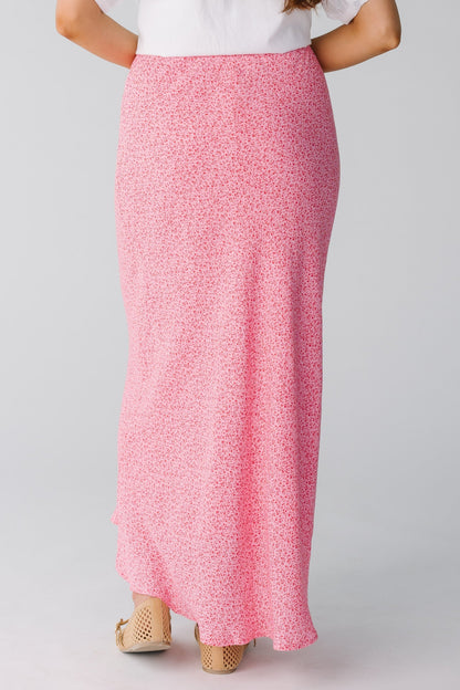 Back view of fuchsia print midi skirt