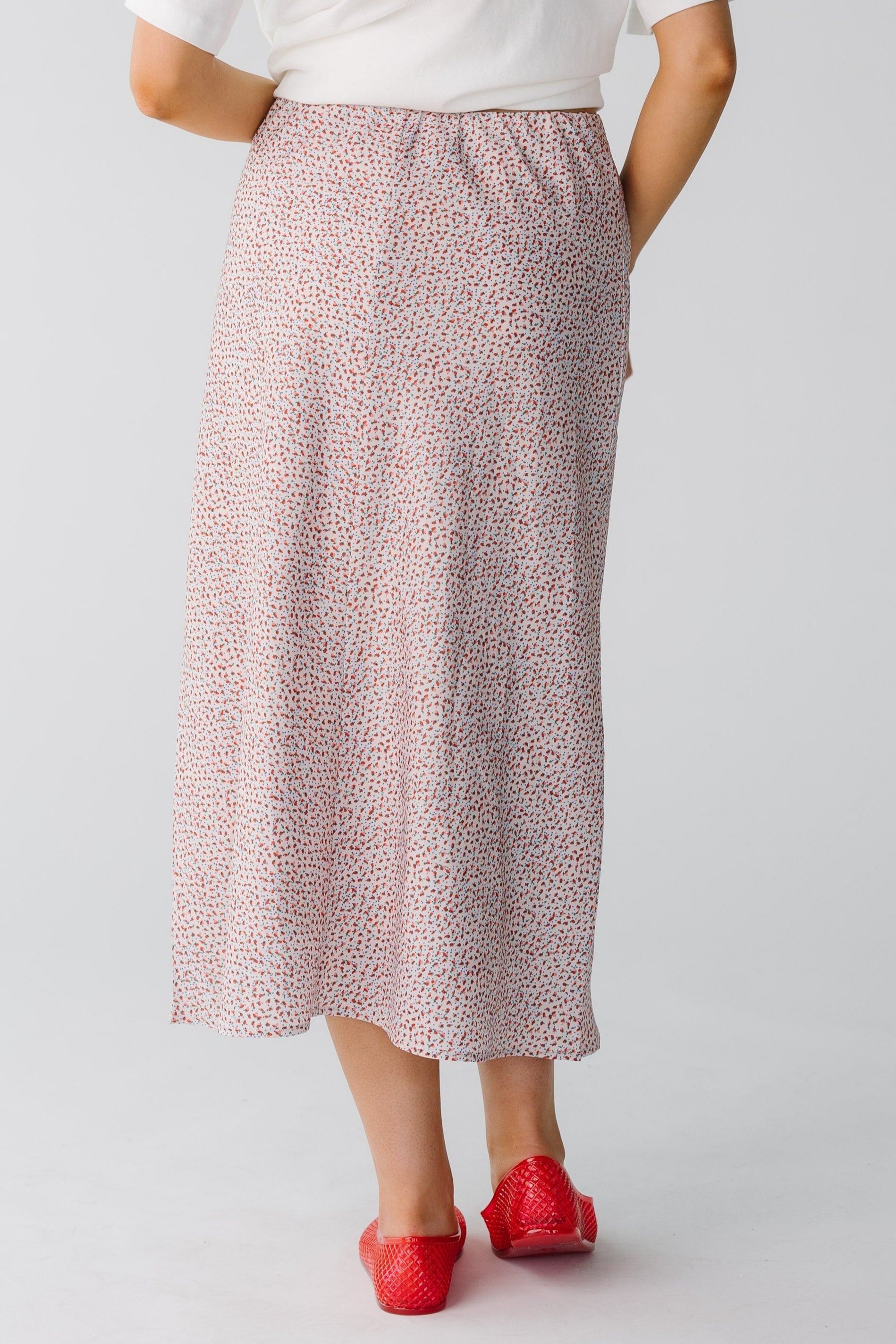 Back view of red floral midi skirt