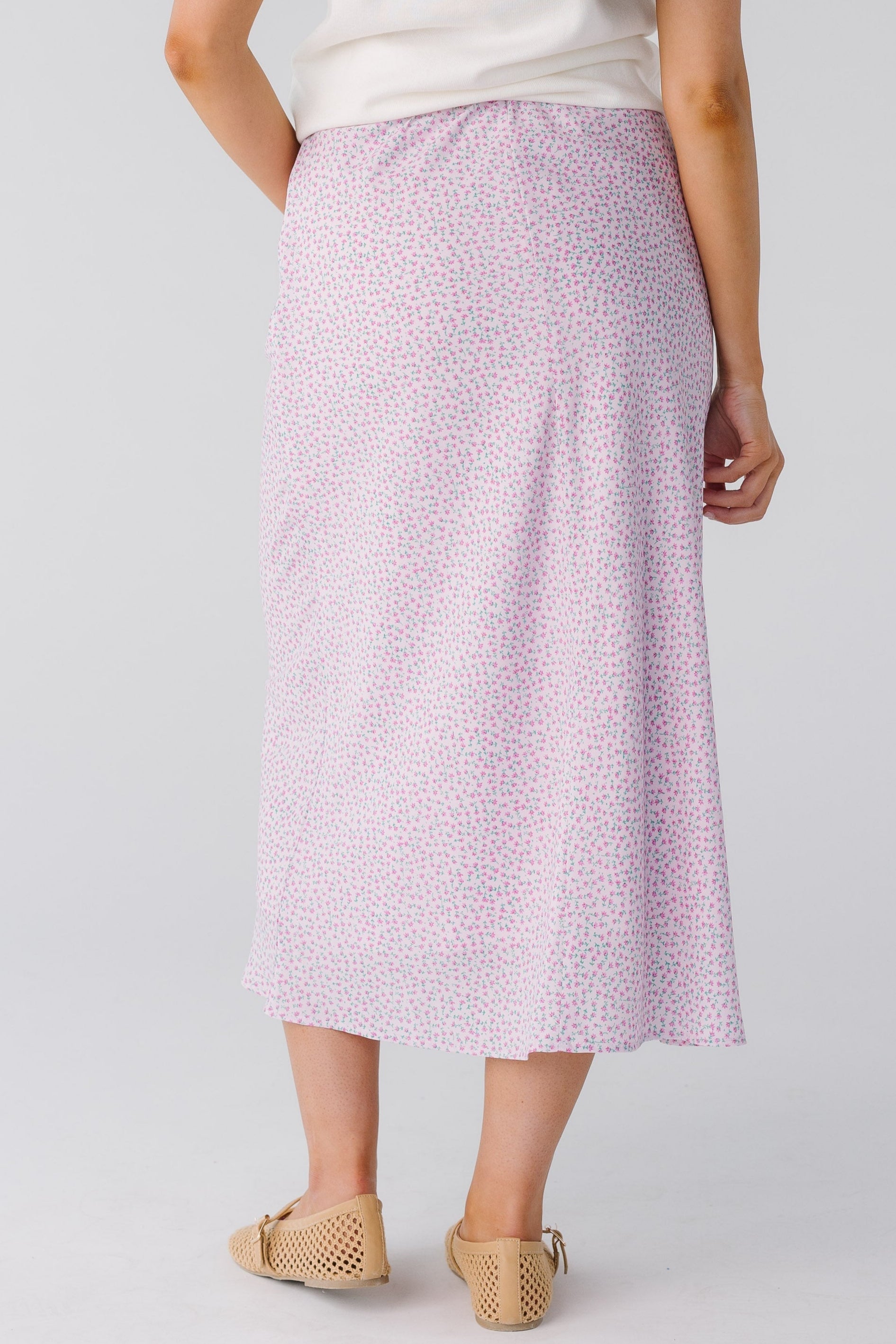 Back view of pink floral midi skirt