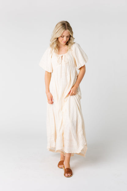 Woven modest maxi dress with scoop neckline  in cream