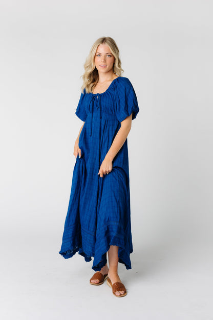 Lyon dress in a blue textured woven with bottom lace