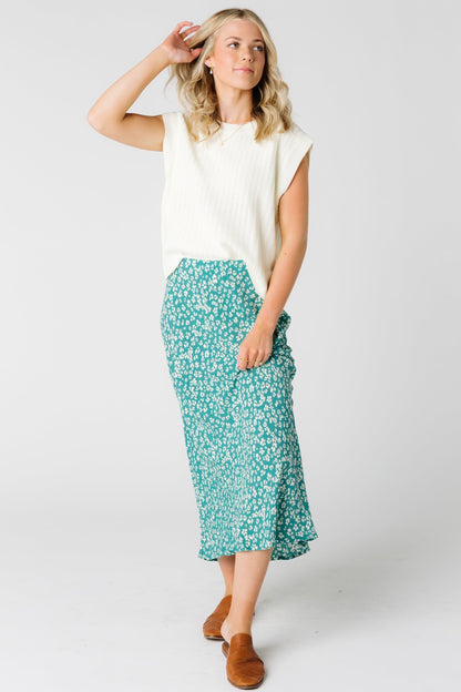 Green floral print midi skirt