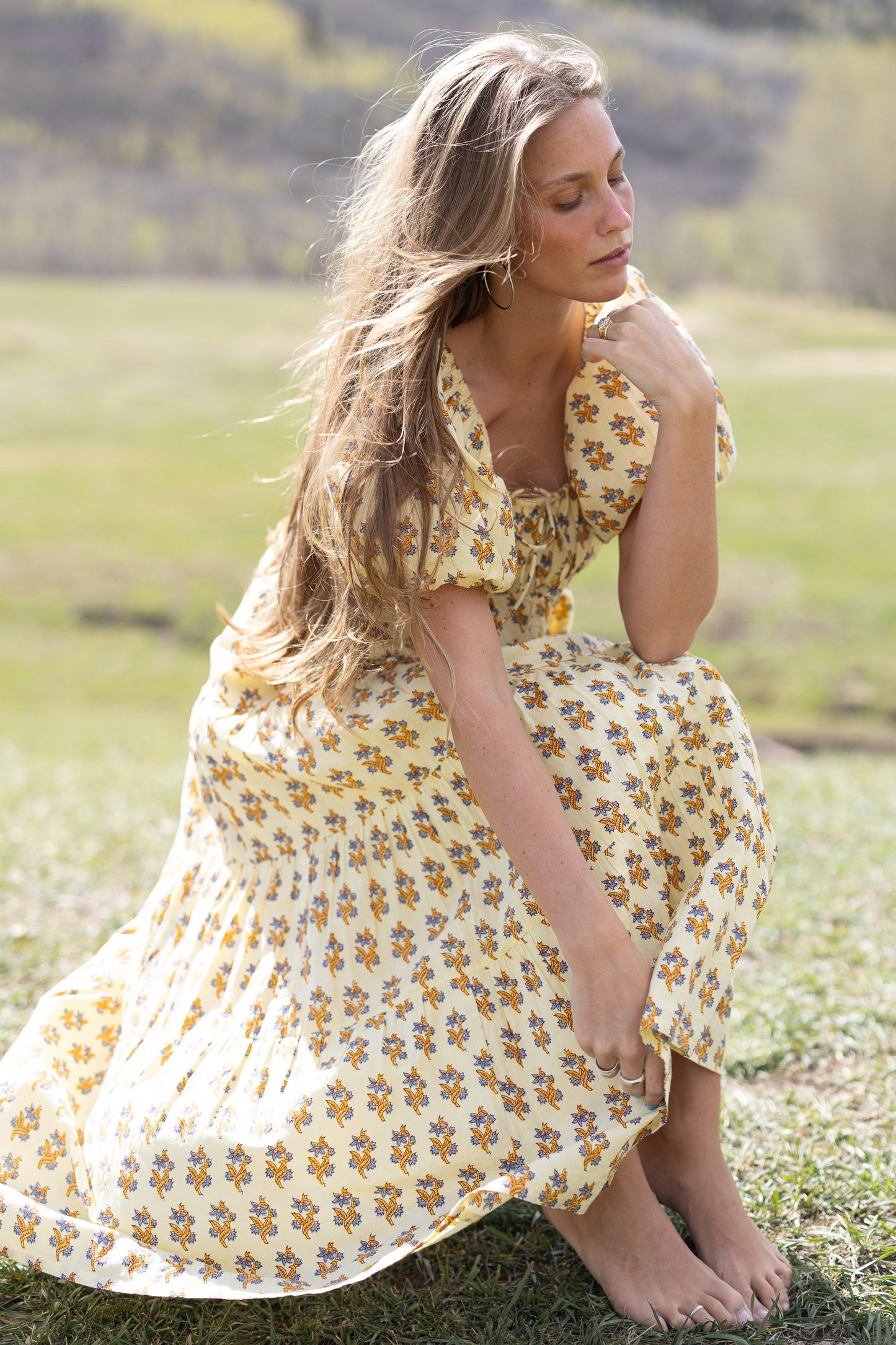 Citrus Lyon Tiered Dress in yellow floral print for women and teens.