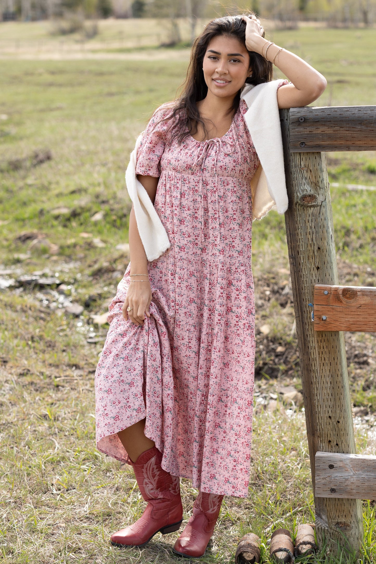 Citrus Lyon Tiered Dress in pink floral print for women and teens.