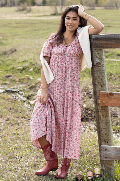 Citrus Lyon Tiered Dress in pink floral print for women and teens.