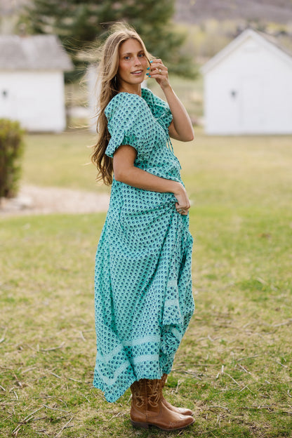 Citrus Lyon Spring Maxi Dress in teal floral print for women and teen girls.