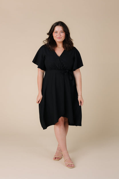 Modest plus size black chiffon wrap bridesmaid dress