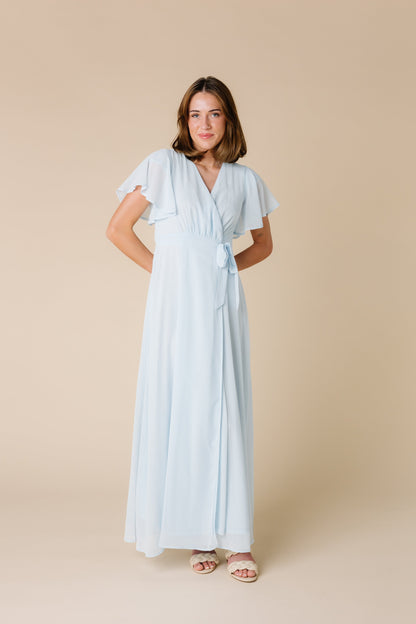 Modest light blue bridesmaid maxi dress 