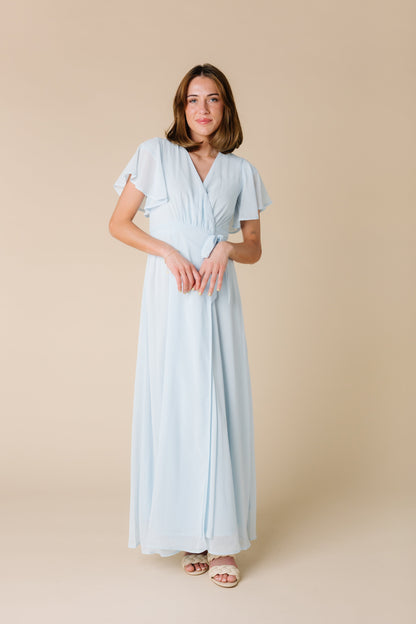 Light blue modest bridesmaid dress with flutter sleeves