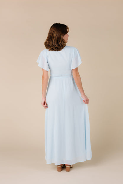 Back view of light blue chiffon maxi dress