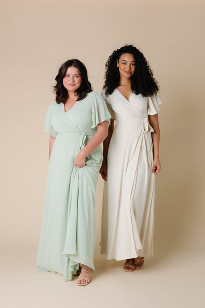 Naples modest plus size dress in light sage and cream Naples wrap maxi