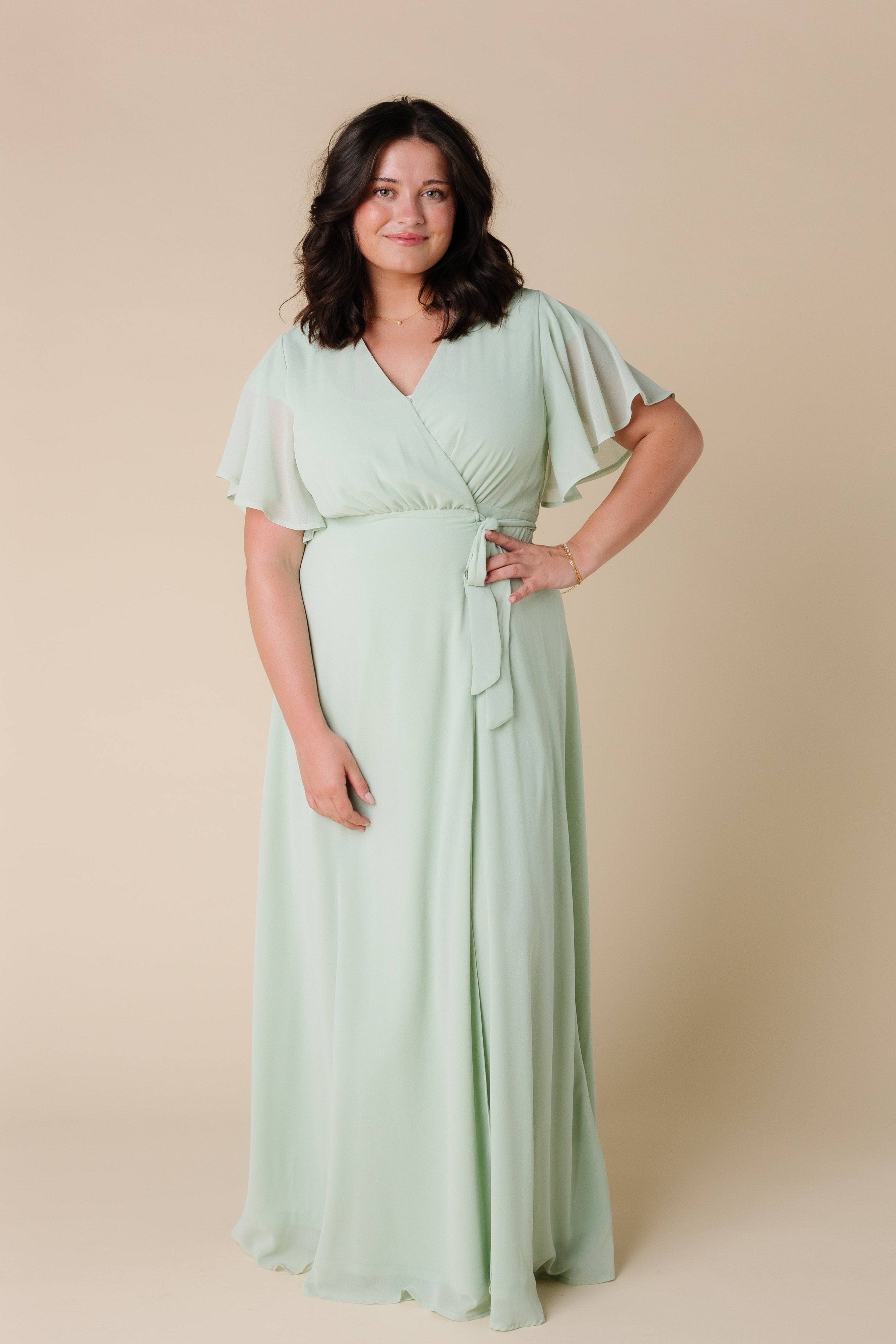 SAGE THE LABEL Brown Surplice online Flutter Sleeve Drop Waist Dress