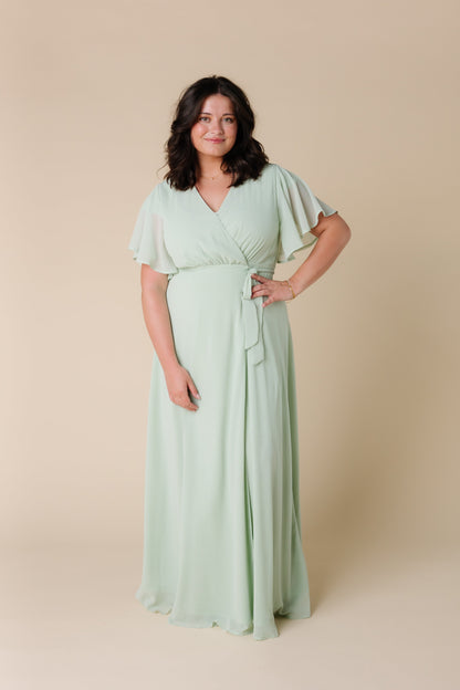 Modest plus size light sage bridesmaid dress