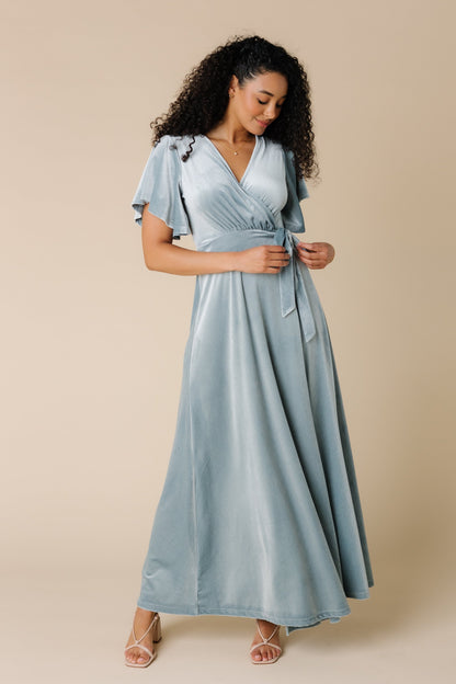 Light blue modest velvet maxi dress