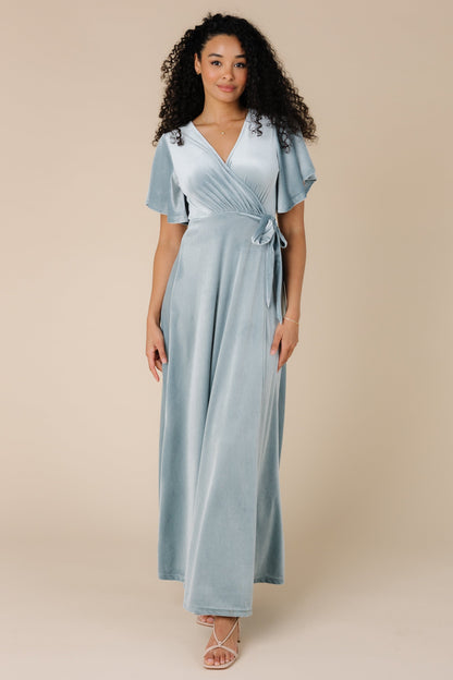 Modest light blue velvet maxi dress