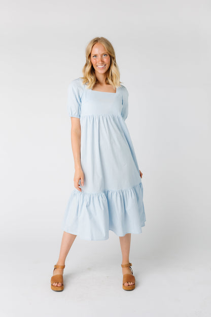 Light blue modest midi dress with square neckline