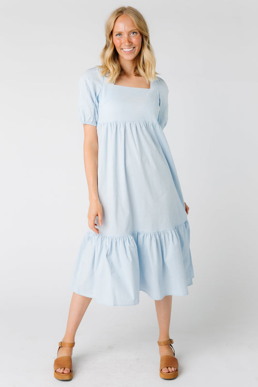 Light blue modest midi dress with square neckline