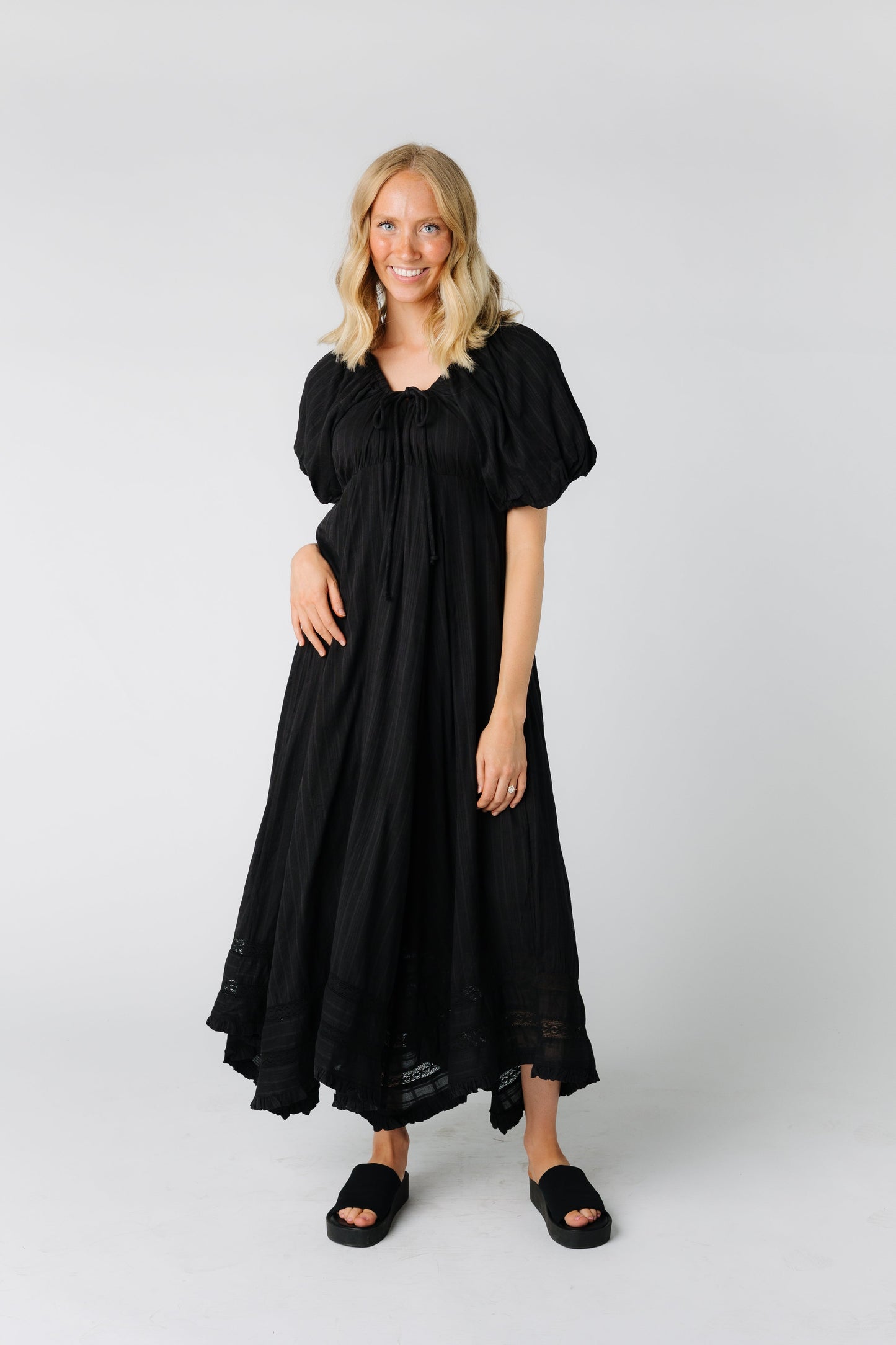 Modest Woven Maxi Dress Scoop Neckline 
