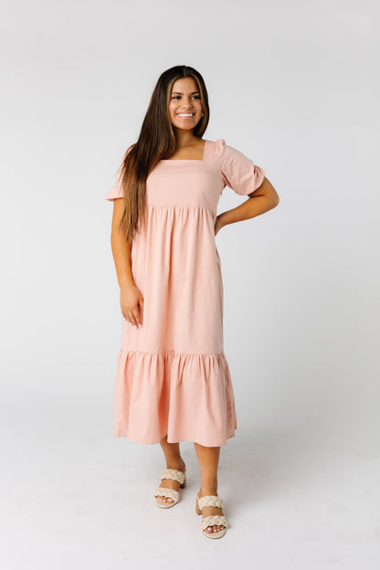 Woven modest midi dress with square neckline in  peach