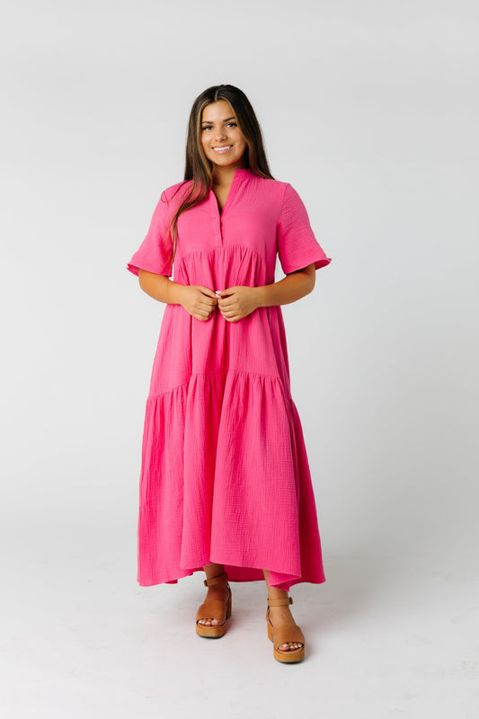 Brass & Roe Pondering Gauze Dress Bright Pink  Modest Summer Dress