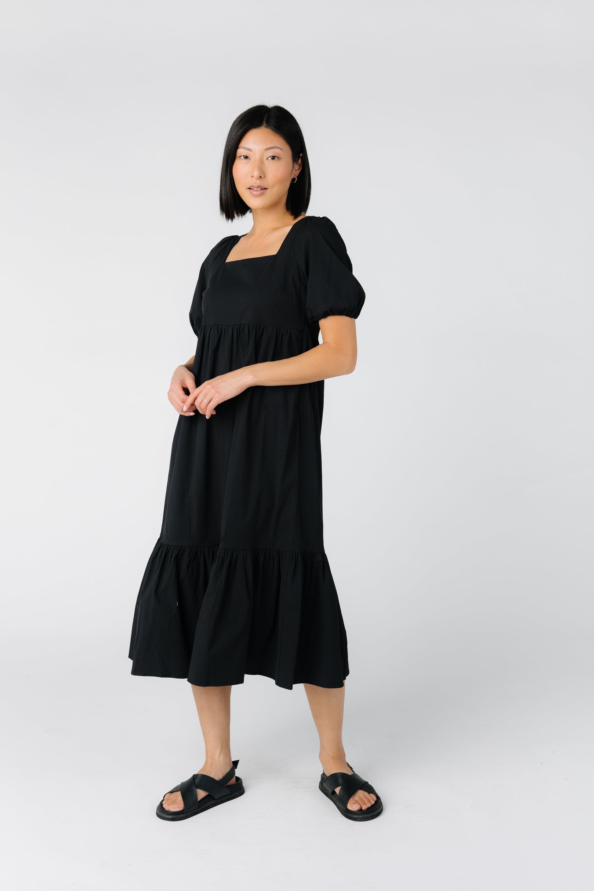 Modest square neck midi dress with puff sleeves in black