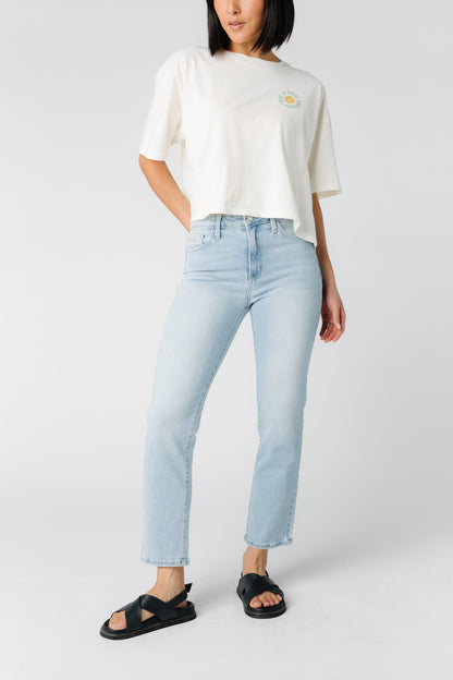 Light denim straight leg jeans