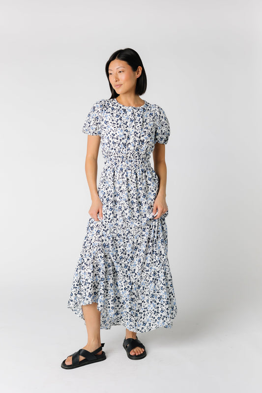 Blue print modest midi dress
