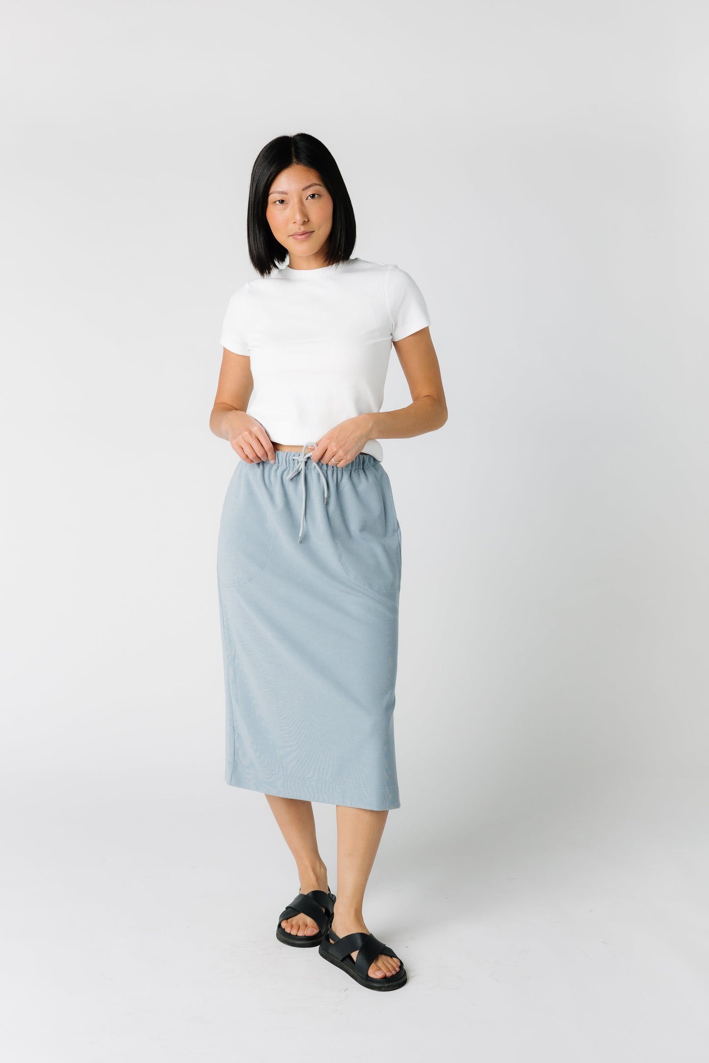 Soft modest knit midi skirt in dusty blue