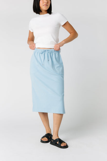 Modest knit midi skirt in light blue