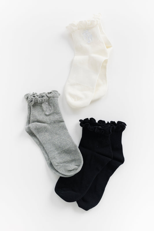 Cove Ruffle Quarter Socks 3 Pack WOMEN'S SOCKS Cove Accessories Blk/Wht/Grey OS 