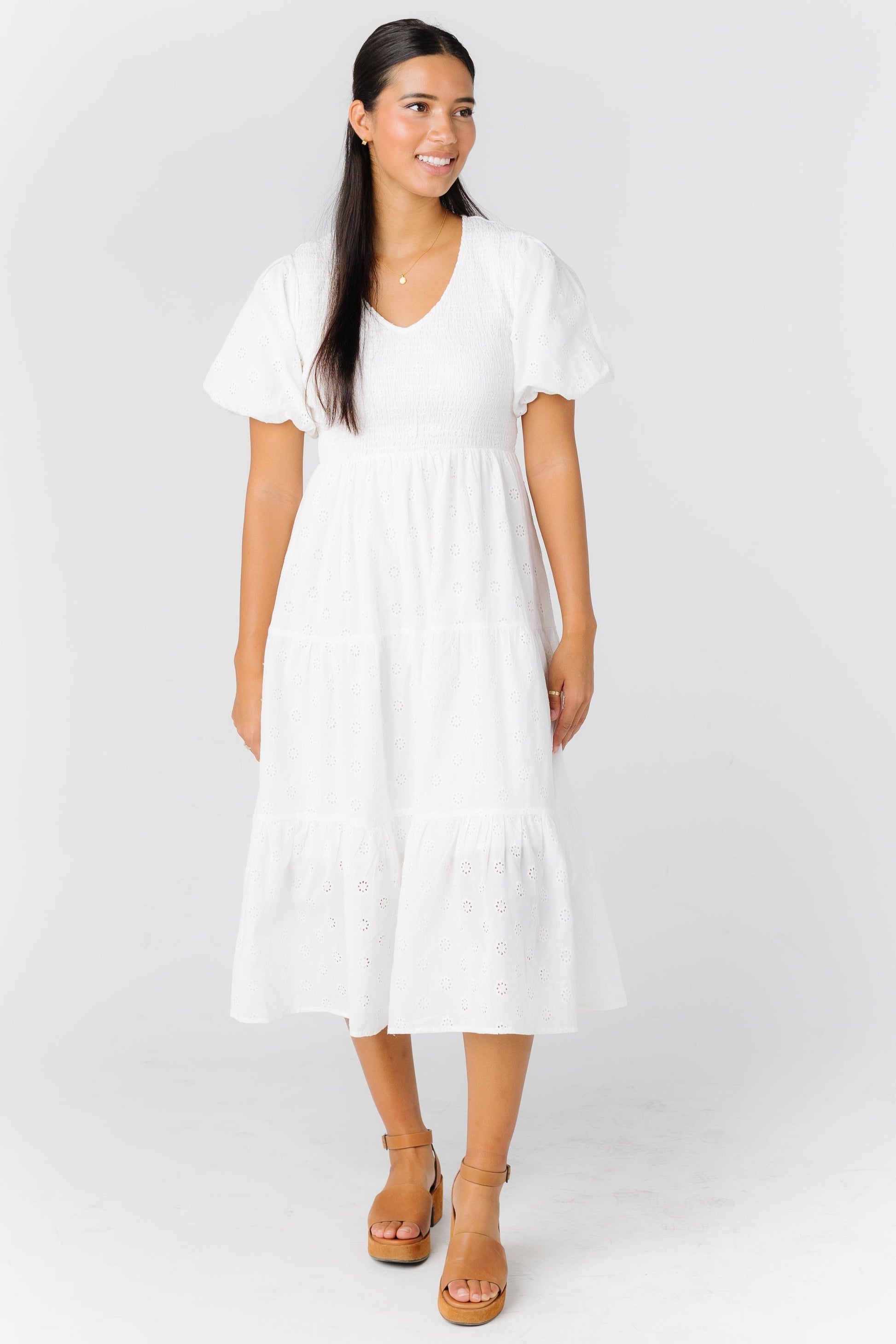 Brass and Roe modest white midi dress with smocked bodice