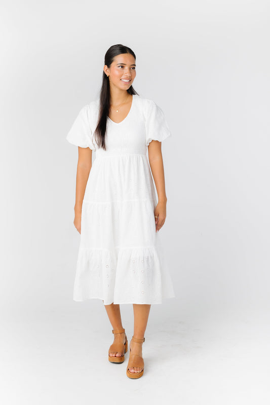 Brass and Roe modest white midi dress with smocked bodice