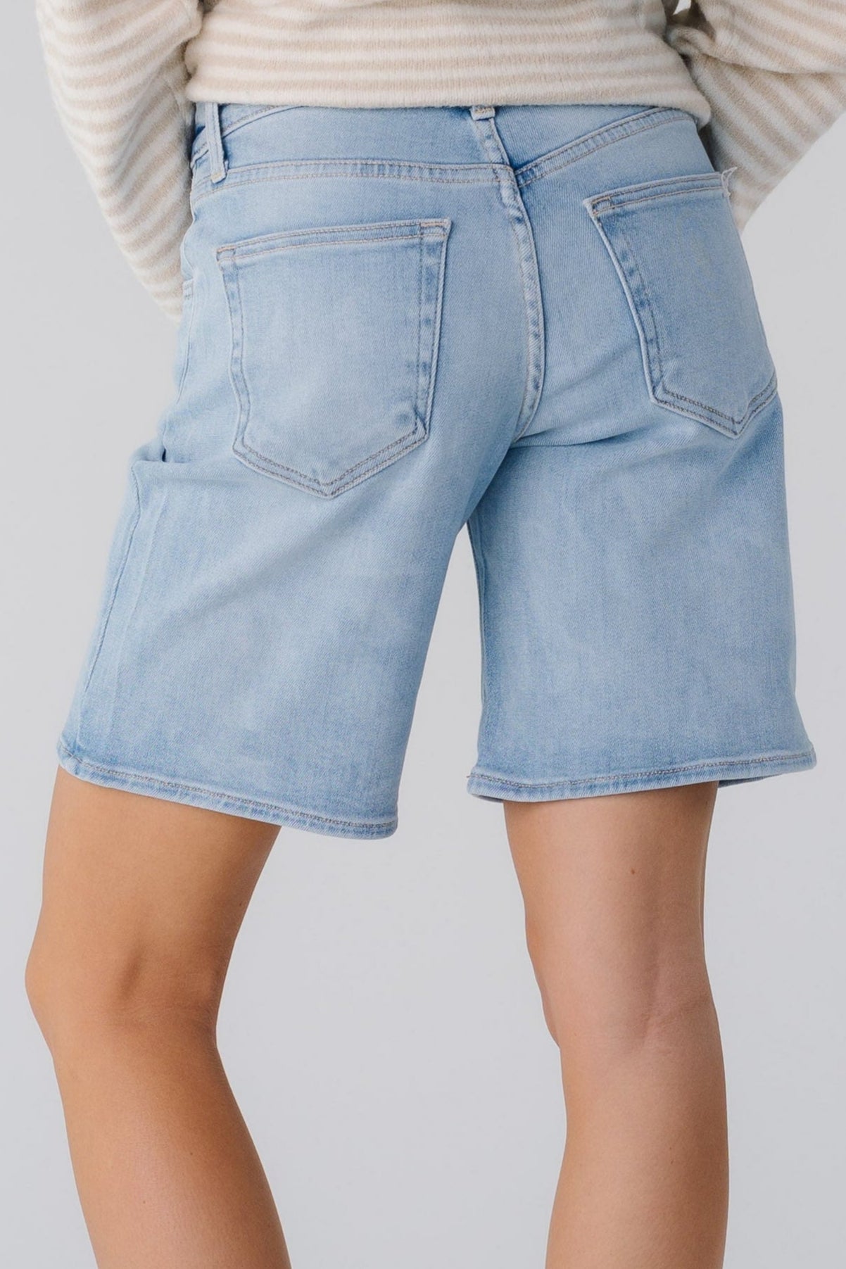 Back view of light denim shorts