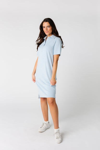 Modest knit dress in light blue