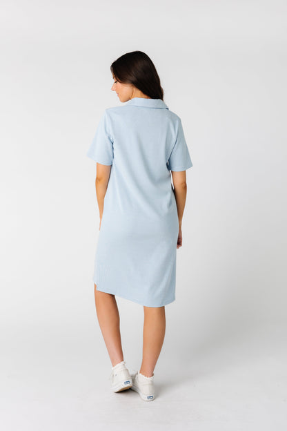 Polo style knit dress with pointed collar and short front placket